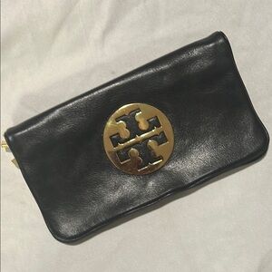 TORY BURCH Reva Black Clutch with Gold Accents